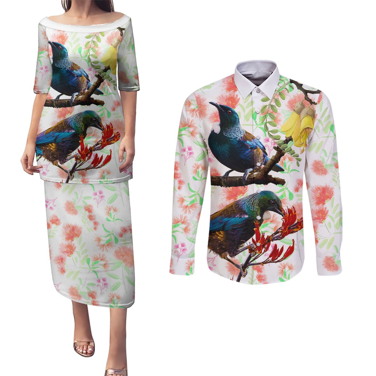 New Zealand Pohutukawa Tui Bird Couples Matching Puletasi and Long Sleeve Button Shirt Kowhai Version LT03 White - Polynesian Pride