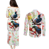 New Zealand Pohutukawa Tui Bird Couples Matching Puletasi and Long Sleeve Button Shirt Kowhai Version LT03 - Polynesian Pride