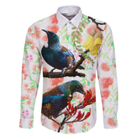 New Zealand Pohutukawa Tui Bird Family Matching Long Sleeve Bodycon Dress and Hawaiian Shirt Kowhai Version LT03 Dad's Shirt - Long Sleeve White - Polynesian Pride
