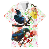 New Zealand Pohutukawa Tui Bird Family Matching Off Shoulder Long Sleeve Dress and Hawaiian Shirt Kowhai Version LT03 Dad's Shirt - Short Sleeve White - Polynesian Pride
