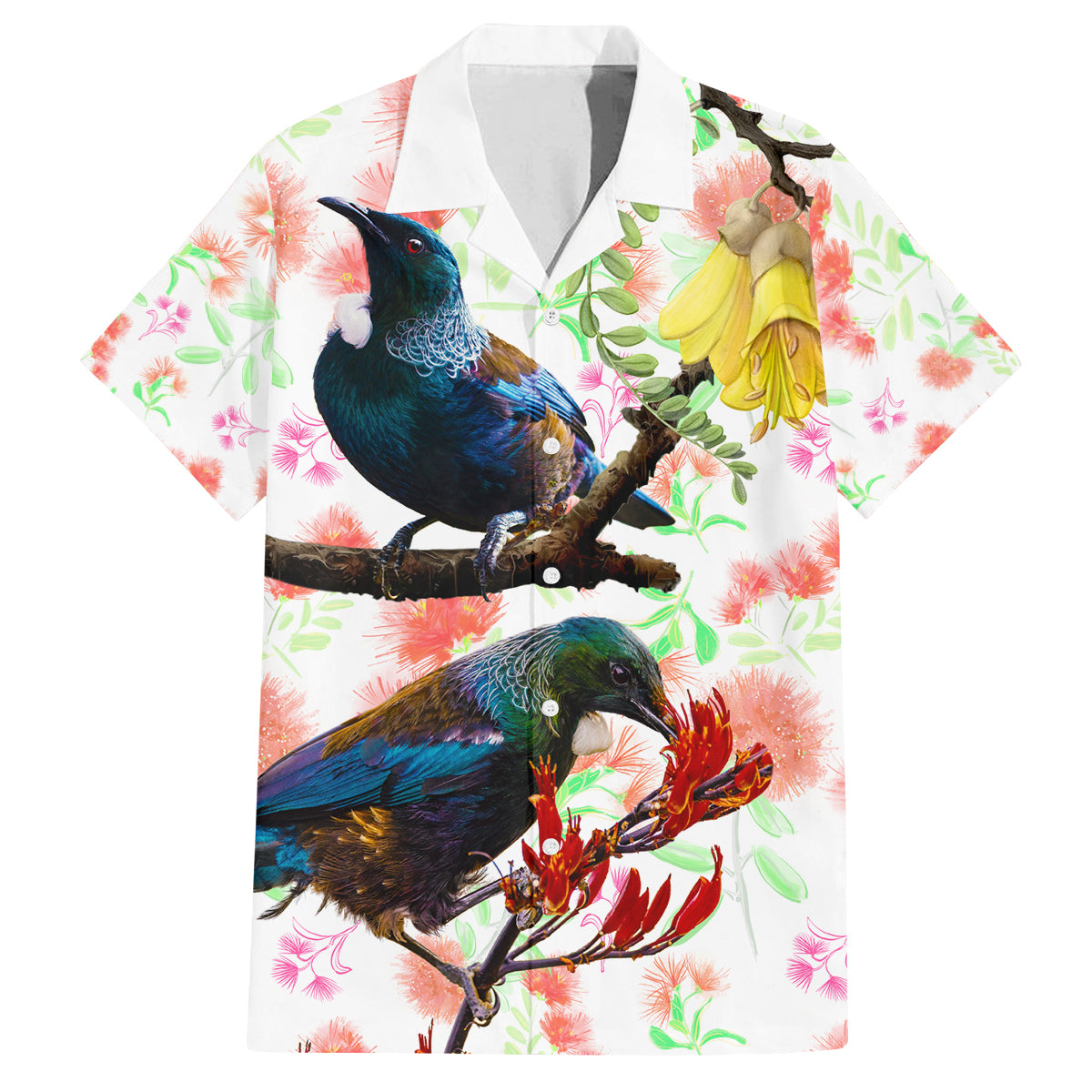 New Zealand Pohutukawa Tui Bird Family Matching Off Shoulder Maxi Dress and Hawaiian Shirt Kowhai Version LT03 Dad's Shirt - Short Sleeve White - Polynesian Pride
