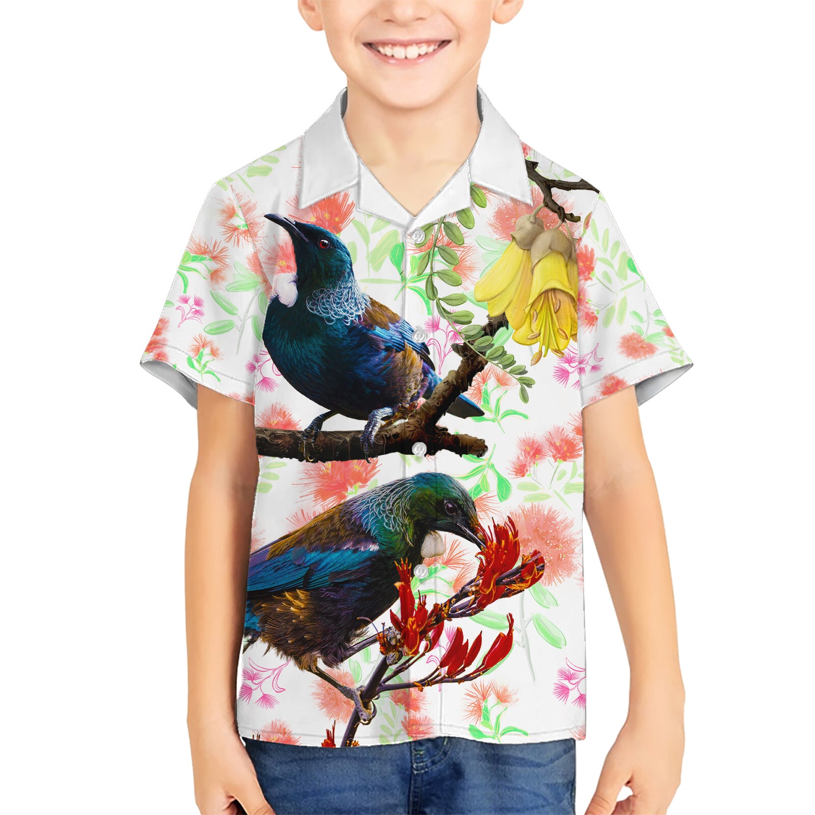 New Zealand Pohutukawa Tui Bird Kid Hawaiian Shirt Kowhai Version LT03 Kid White - Polynesian Pride