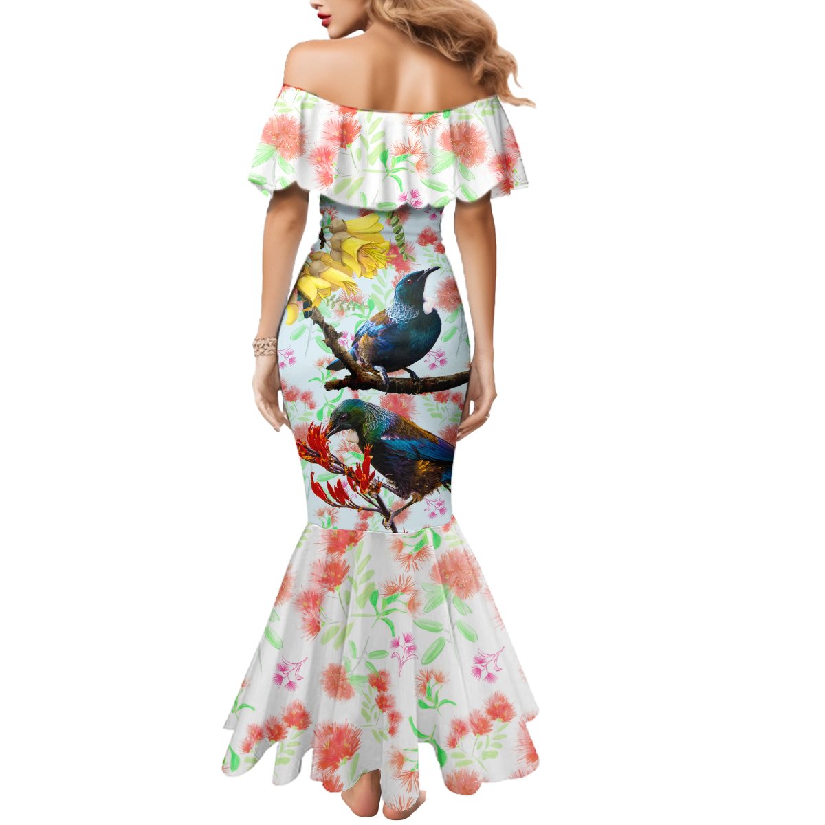 New Zealand Pohutukawa Tui Bird Mermaid Dress Kowhai Version LT03 - Polynesian Pride