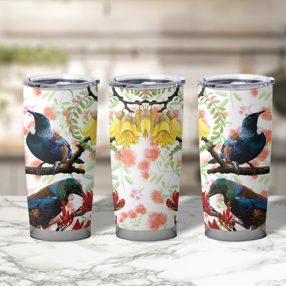 New Zealand Pohutukawa Tui Bird Tumbler Cup Kowhai Version