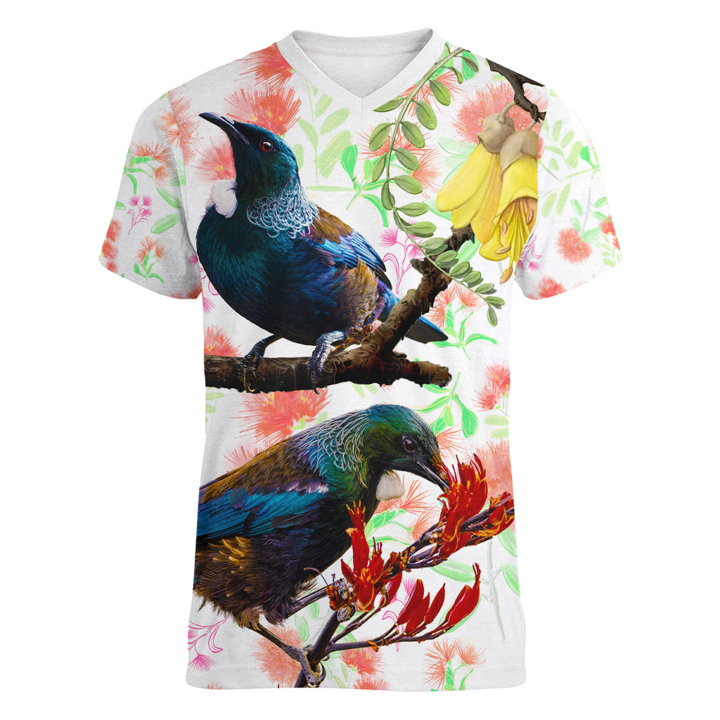 New Zealand Pohutukawa Tui Bird Women V Neck T Shirt Kowhai Version LT03 Female White - Polynesian Pride