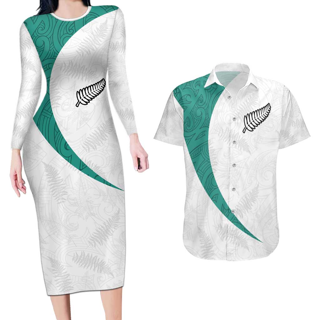Custom New Zealand Football Couples Matching Long Sleeve Bodycon Dress and Hawaiian Shirt Go All Silver Ferns - Towards World Cup 2026 LT03 White - Polynesian Pride