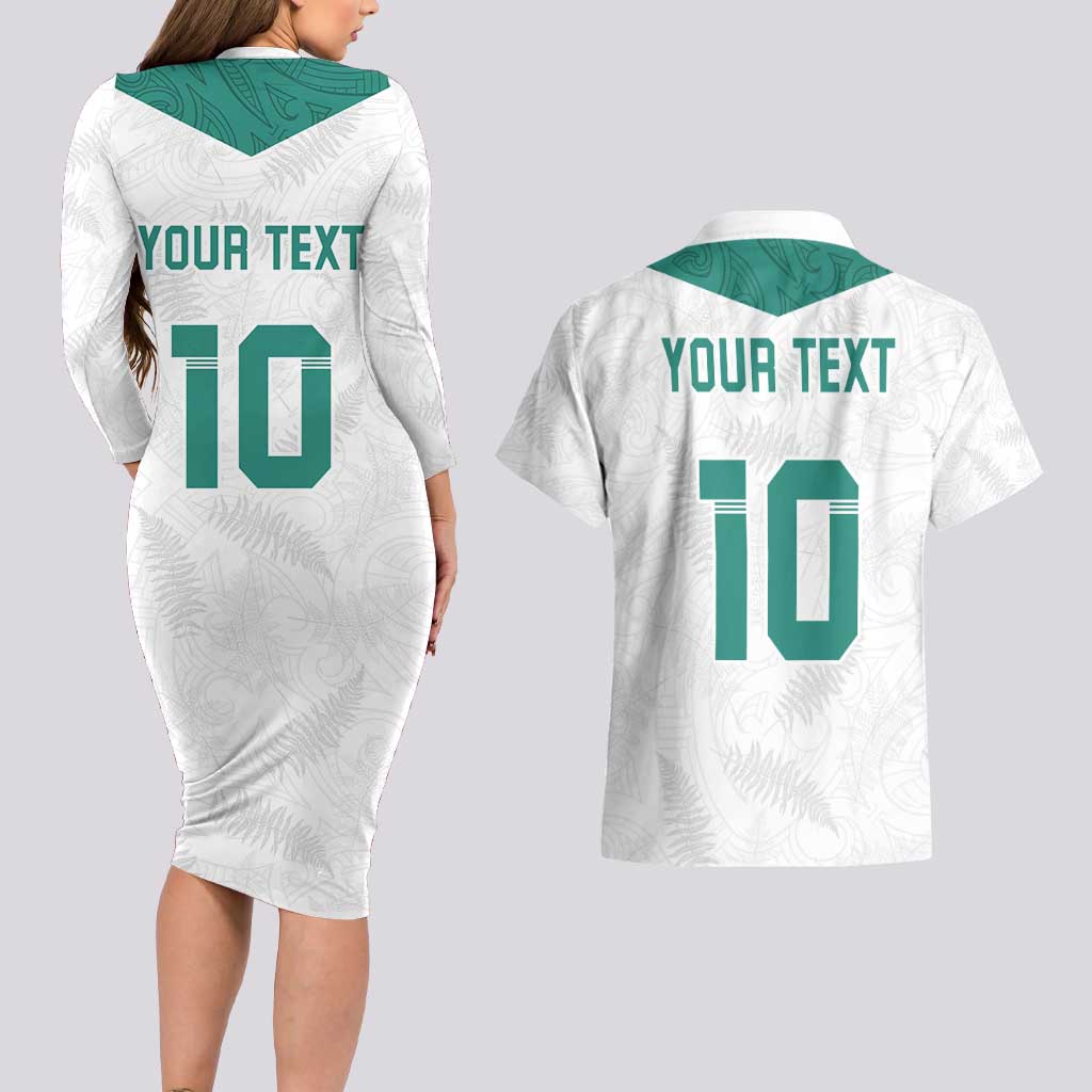 Custom New Zealand Football Couples Matching Long Sleeve Bodycon Dress and Hawaiian Shirt Go All Silver Ferns - Towards World Cup 2026 LT03 - Polynesian Pride