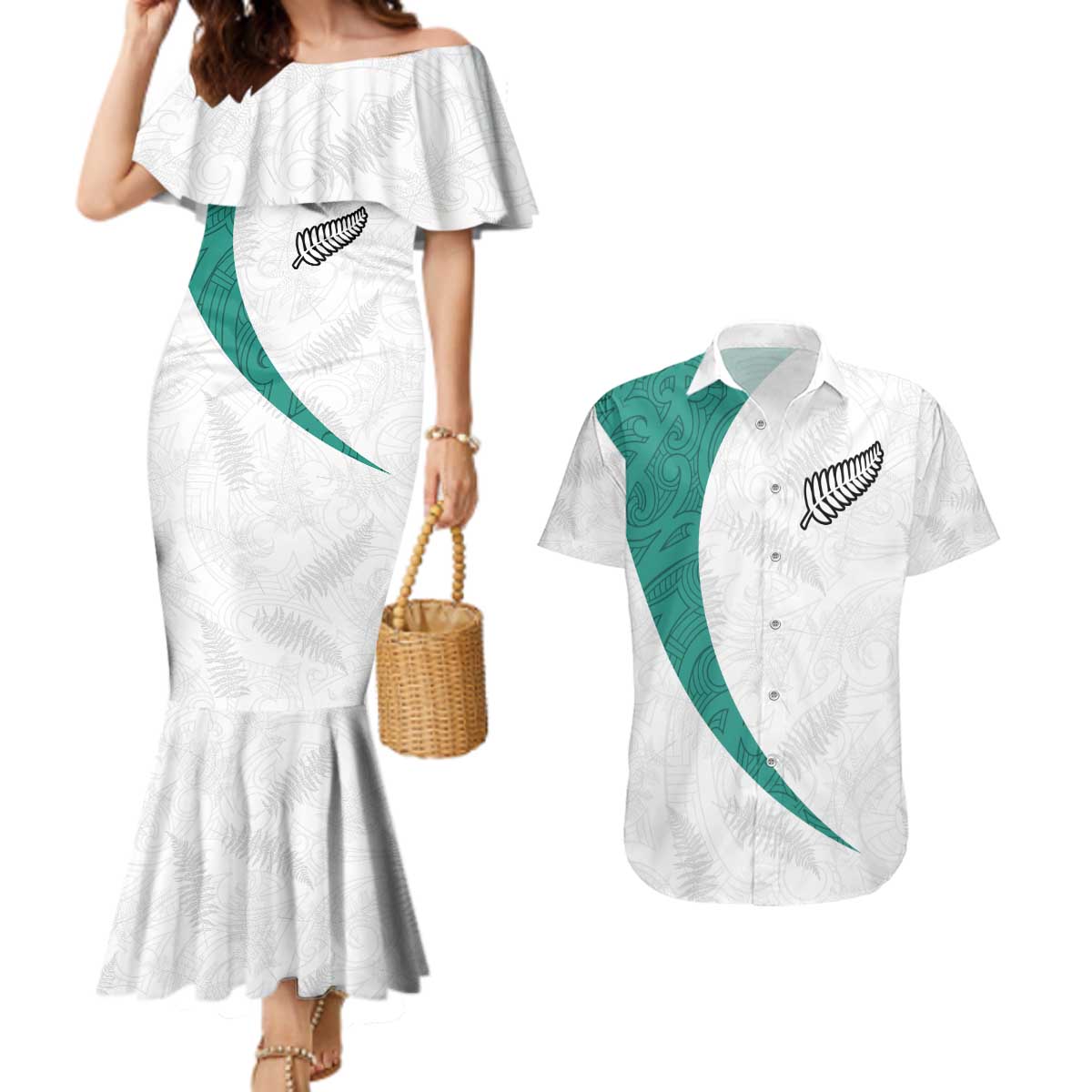Custom New Zealand Football Couples Matching Mermaid Dress and Hawaiian Shirt Go All Silver Ferns - Towards World Cup 2026 LT03 White - Polynesian Pride