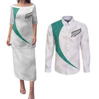 Custom New Zealand Football Couples Matching Puletasi and Long Sleeve Button Shirt Go All Silver Ferns - Towards World Cup 2026 LT03 White - Polynesian Pride