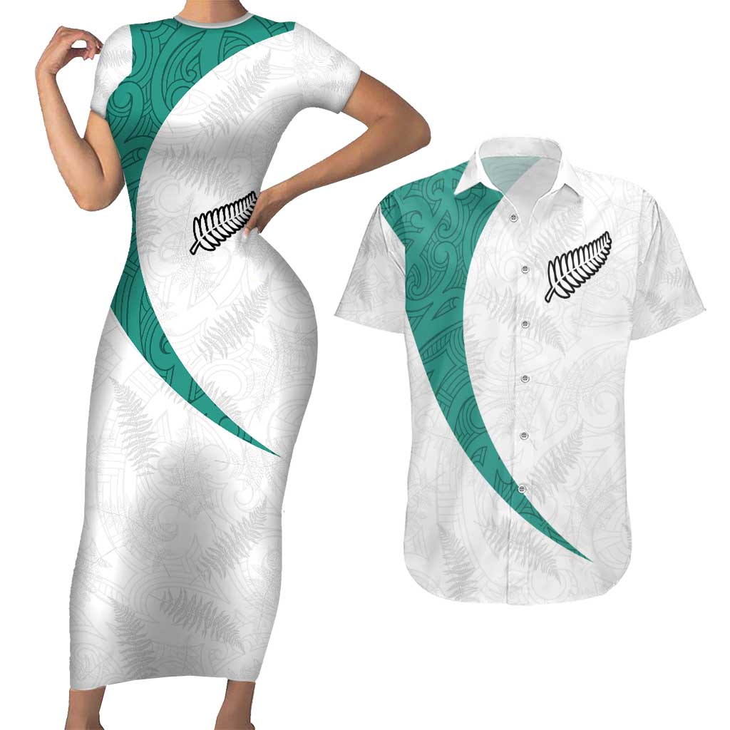 Custom New Zealand Football Couples Matching Short Sleeve Bodycon Dress and Hawaiian Shirt Go All Silver Ferns - Towards World Cup 2026 LT03 White - Polynesian Pride