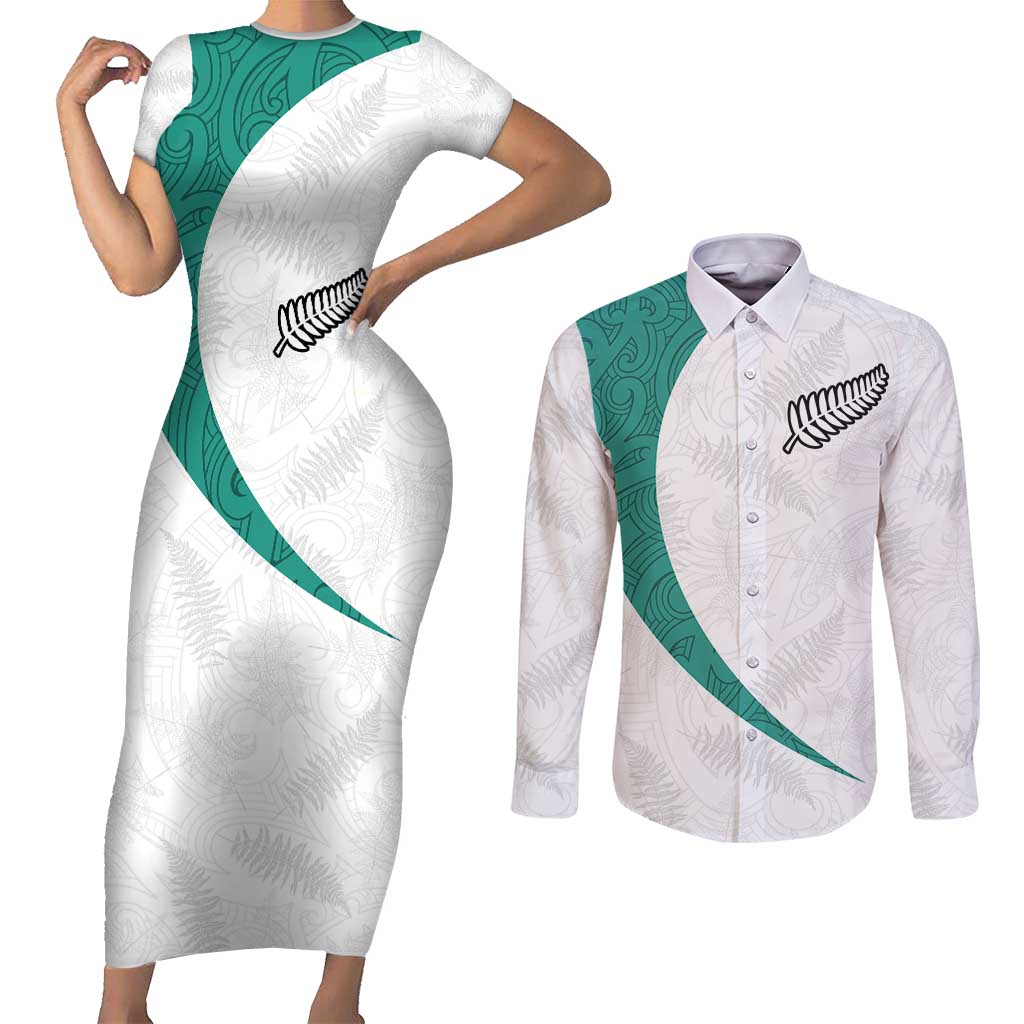 Custom New Zealand Football Couples Matching Short Sleeve Bodycon Dress and Long Sleeve Button Shirt Go All Silver Ferns - Towards World Cup 2026 LT03 White - Polynesian Pride