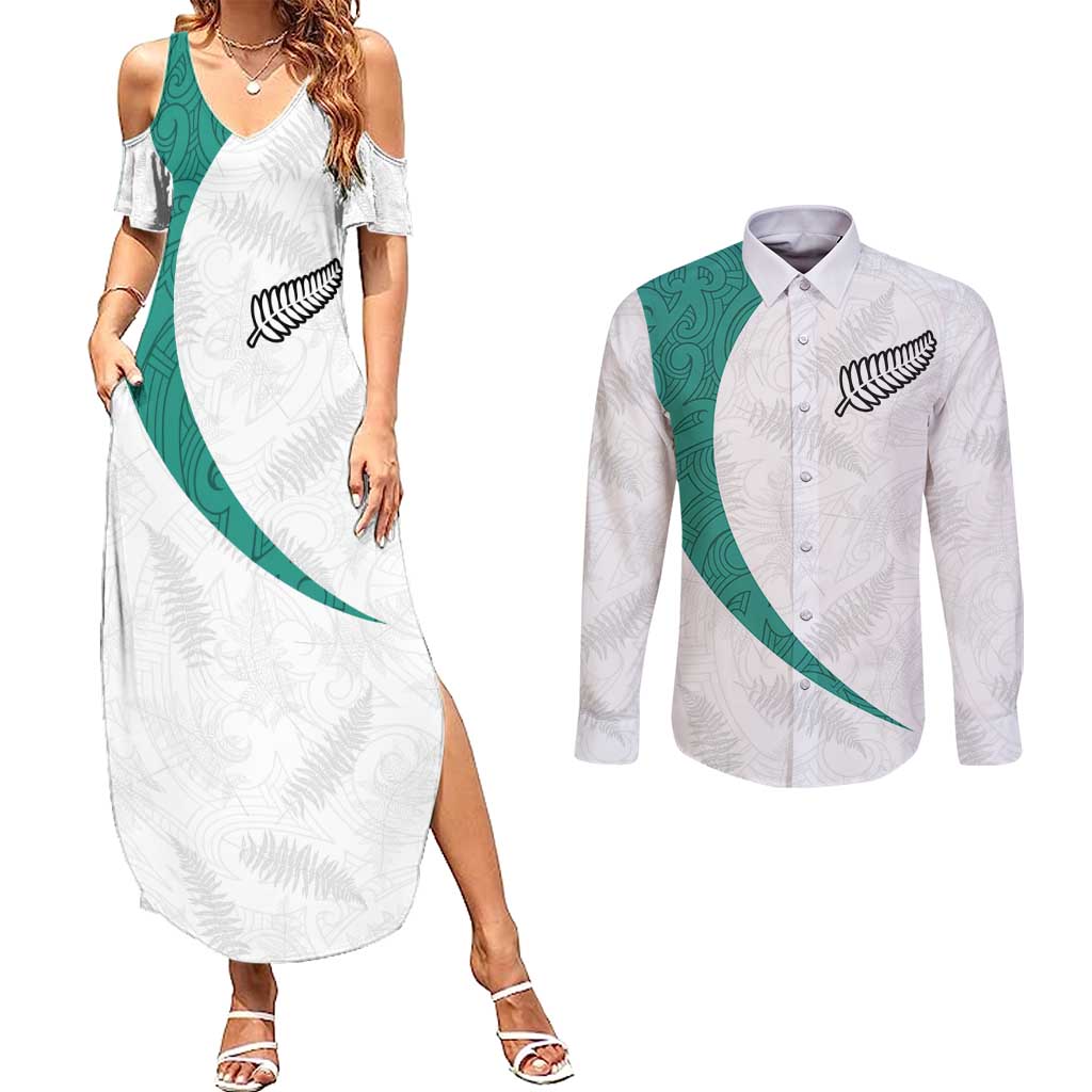 Custom New Zealand Football Couples Matching Summer Maxi Dress and Long Sleeve Button Shirt Go All Silver Ferns - Towards World Cup 2026 LT03 White - Polynesian Pride