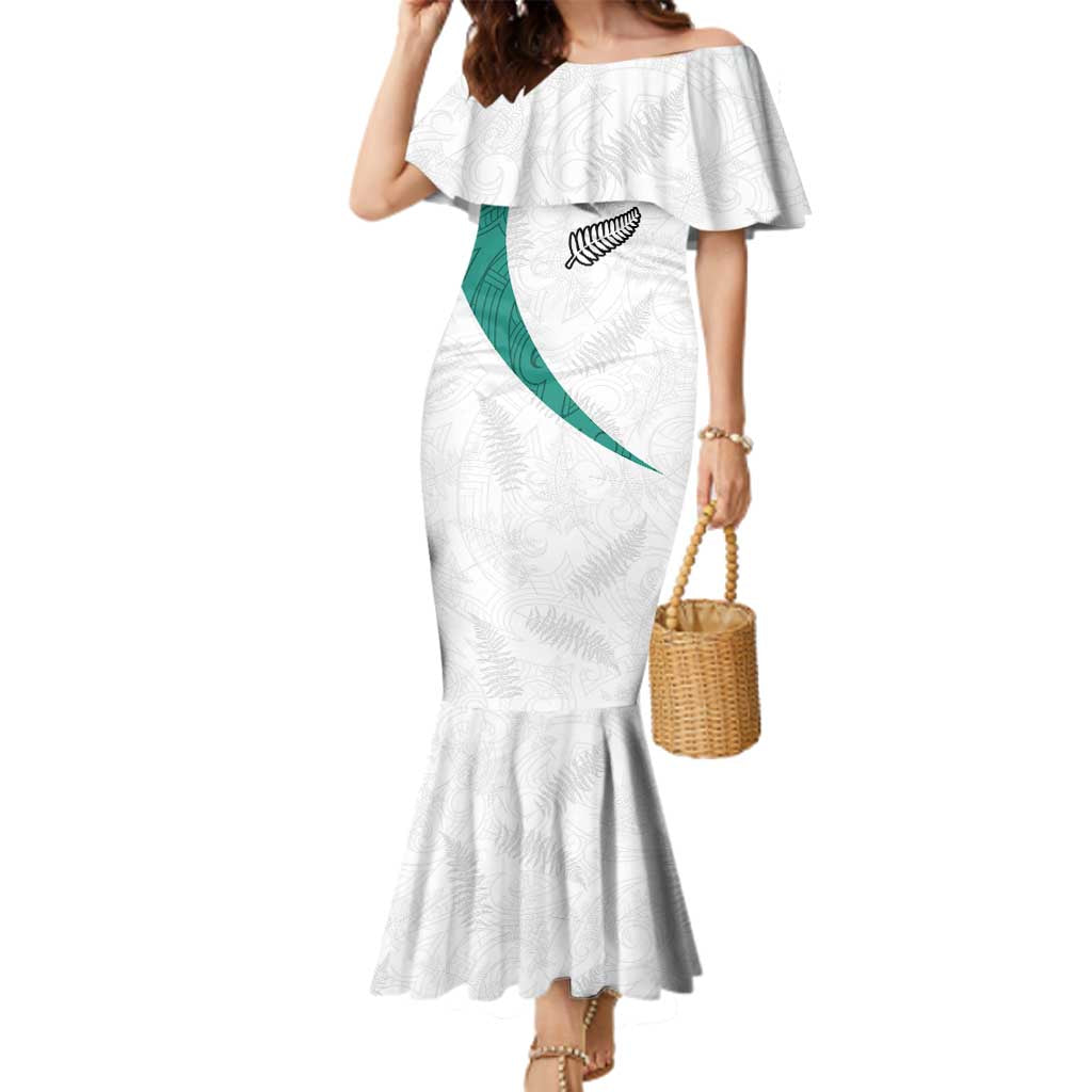 Custom New Zealand Football Family Matching Mermaid Dress and Hawaiian Shirt Go All Silver Ferns - Towards World Cup 2026 LT03 Mom's Dress White - Polynesian Pride