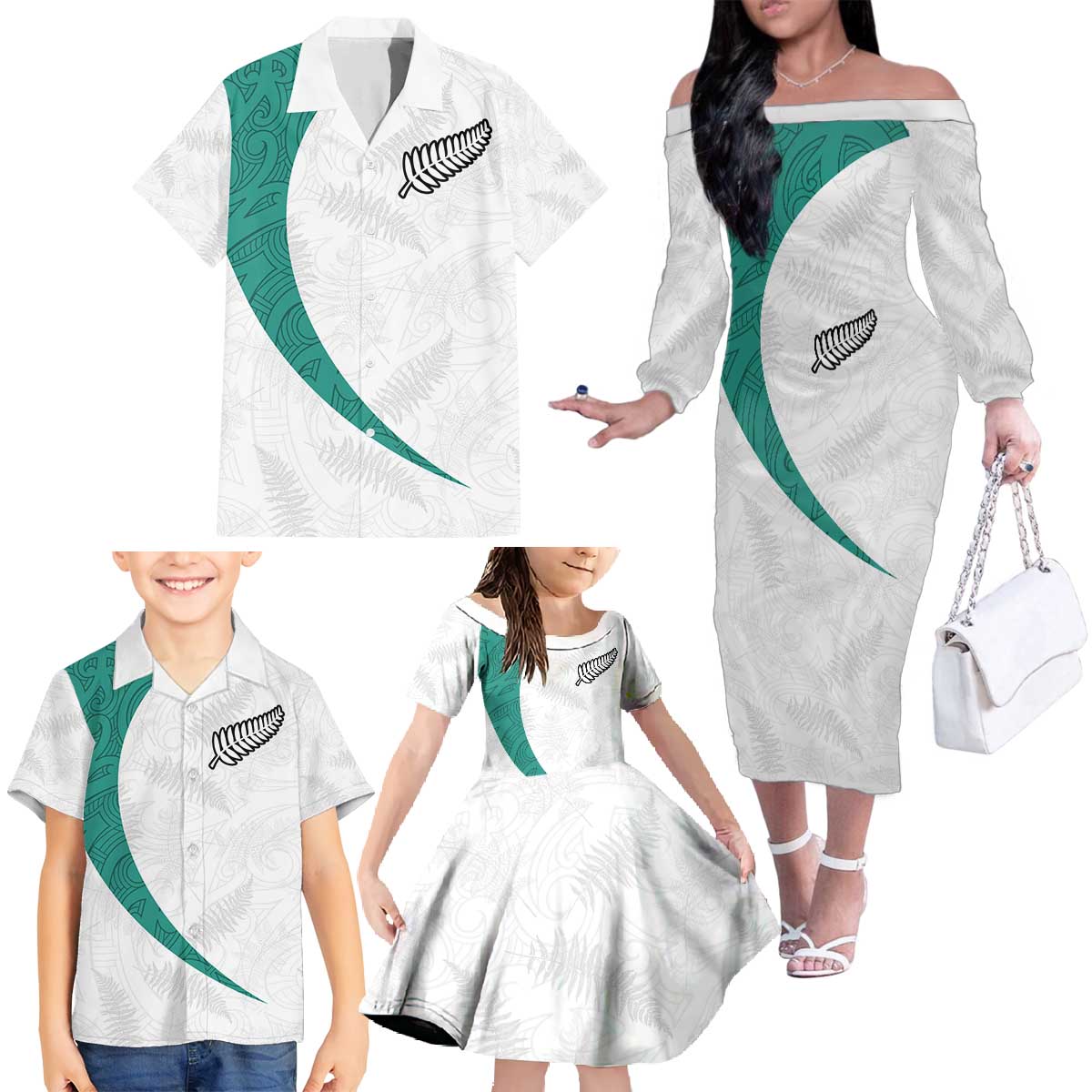 Custom New Zealand Football Family Matching Off The Shoulder Long Sleeve Dress and Hawaiian Shirt Go All Silver Ferns - Towards World Cup 2026 LT03 - Polynesian Pride
