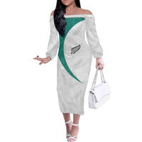 Custom New Zealand Football Family Matching Off The Shoulder Long Sleeve Dress and Hawaiian Shirt Go All Silver Ferns - Towards World Cup 2026 LT03 Mom's Dress White - Polynesian Pride