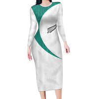 Custom New Zealand Football Long Sleeve Bodycon Dress Go All Silver Ferns - Towards World Cup 2026 LT03 Long Dress White - Polynesian Pride