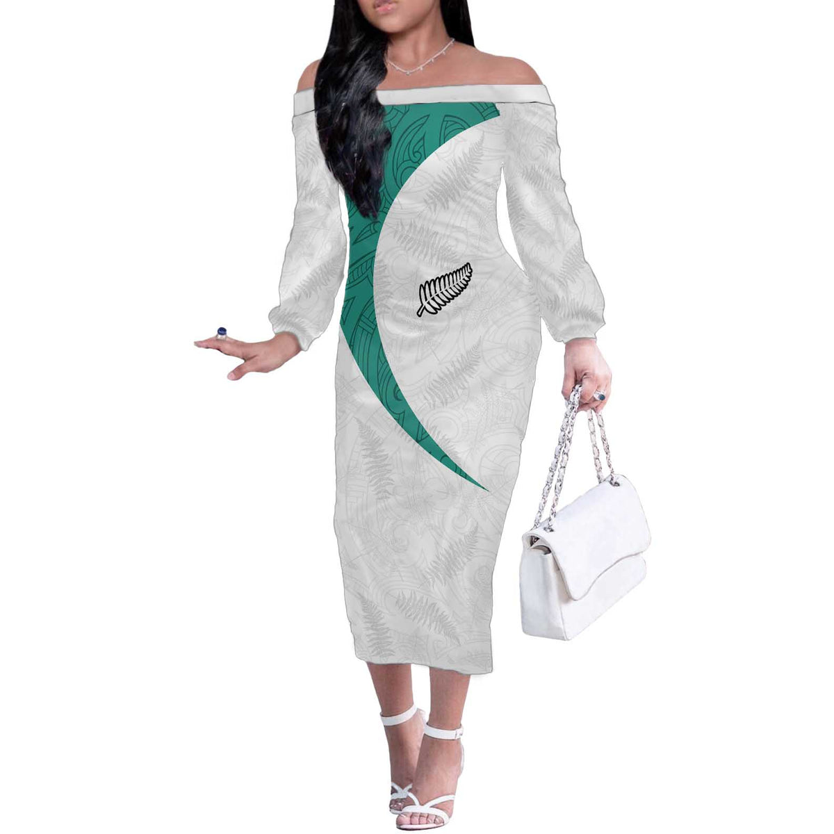 Custom New Zealand Football Off The Shoulder Long Sleeve Dress Go All Silver Ferns - Towards World Cup 2026 LT03 Women White - Polynesian Pride