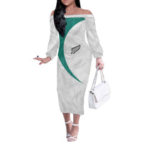 Custom New Zealand Football Off The Shoulder Long Sleeve Dress Go All Silver Ferns - Towards World Cup 2026 LT03 Women White - Polynesian Pride