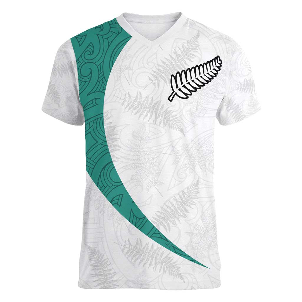 Custom New Zealand Football Women V-Neck T-Shirt Go All Silver Ferns - Towards World Cup 2026 LT03 Female White - Polynesian Pride