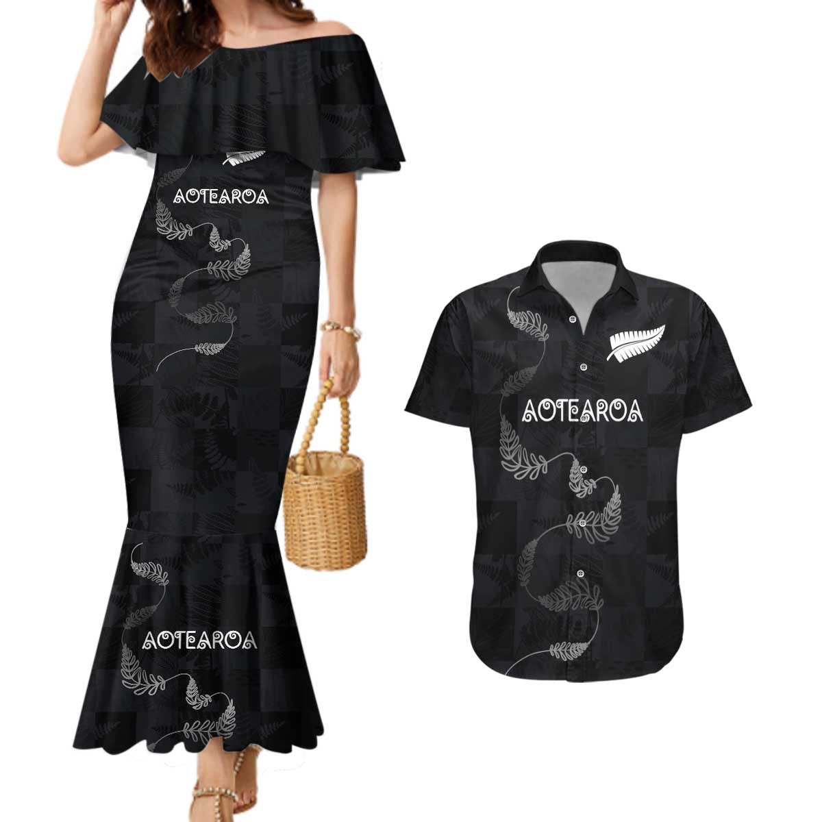 Custom New Zealand Rugby Couples Matching Mermaid Dress and Hawaiian Shirt All Silver Ferns Blacks