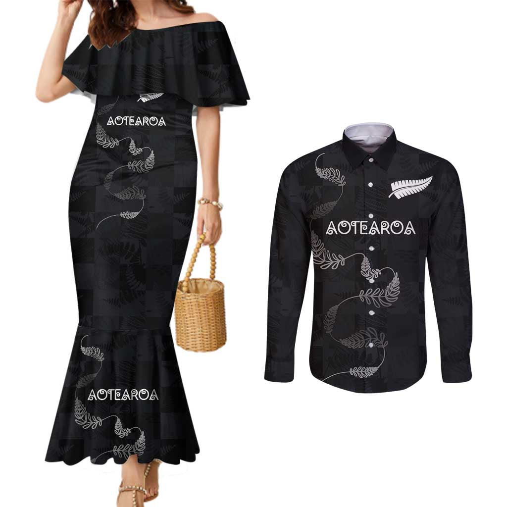Custom New Zealand Rugby Couples Matching Mermaid Dress and Long Sleeve Button Shirt All Silver Ferns Blacks