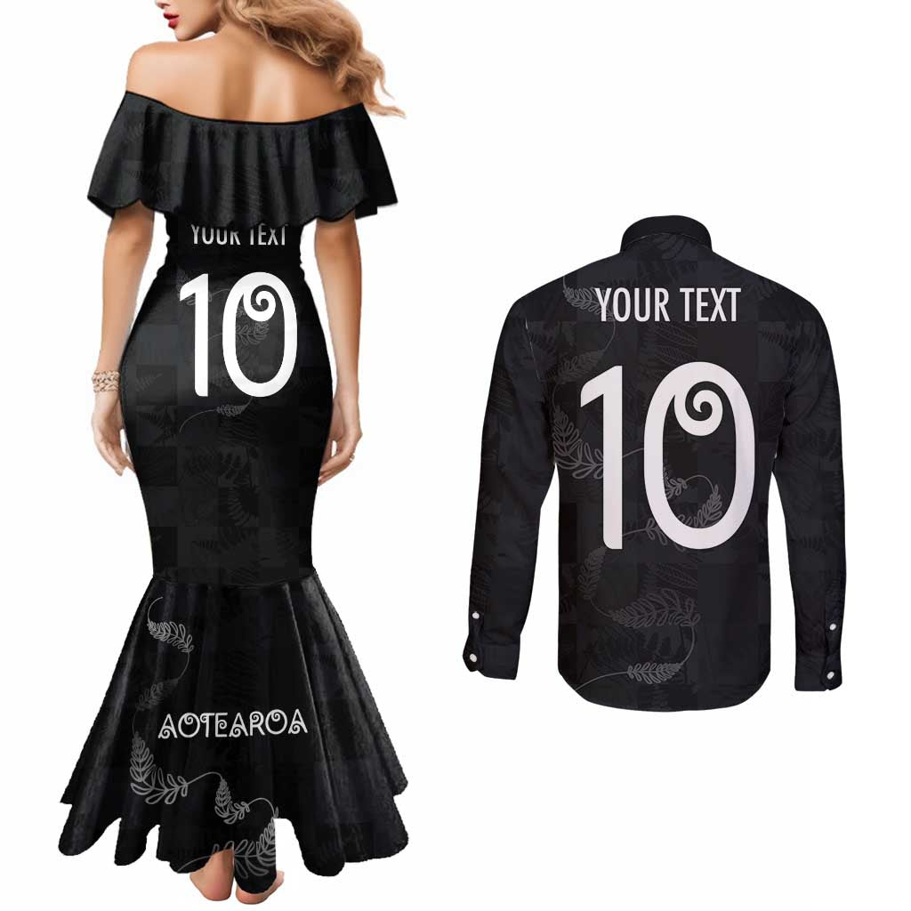 Custom New Zealand Rugby Couples Matching Mermaid Dress and Long Sleeve Button Shirt All Silver Ferns Blacks