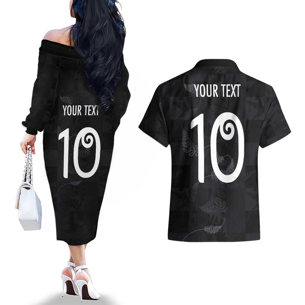 Custom New Zealand Rugby Couples Matching Off The Shoulder Long Sleeve Dress and Hawaiian Shirt All Silver Ferns Blacks LT03 - Polynesian Pride