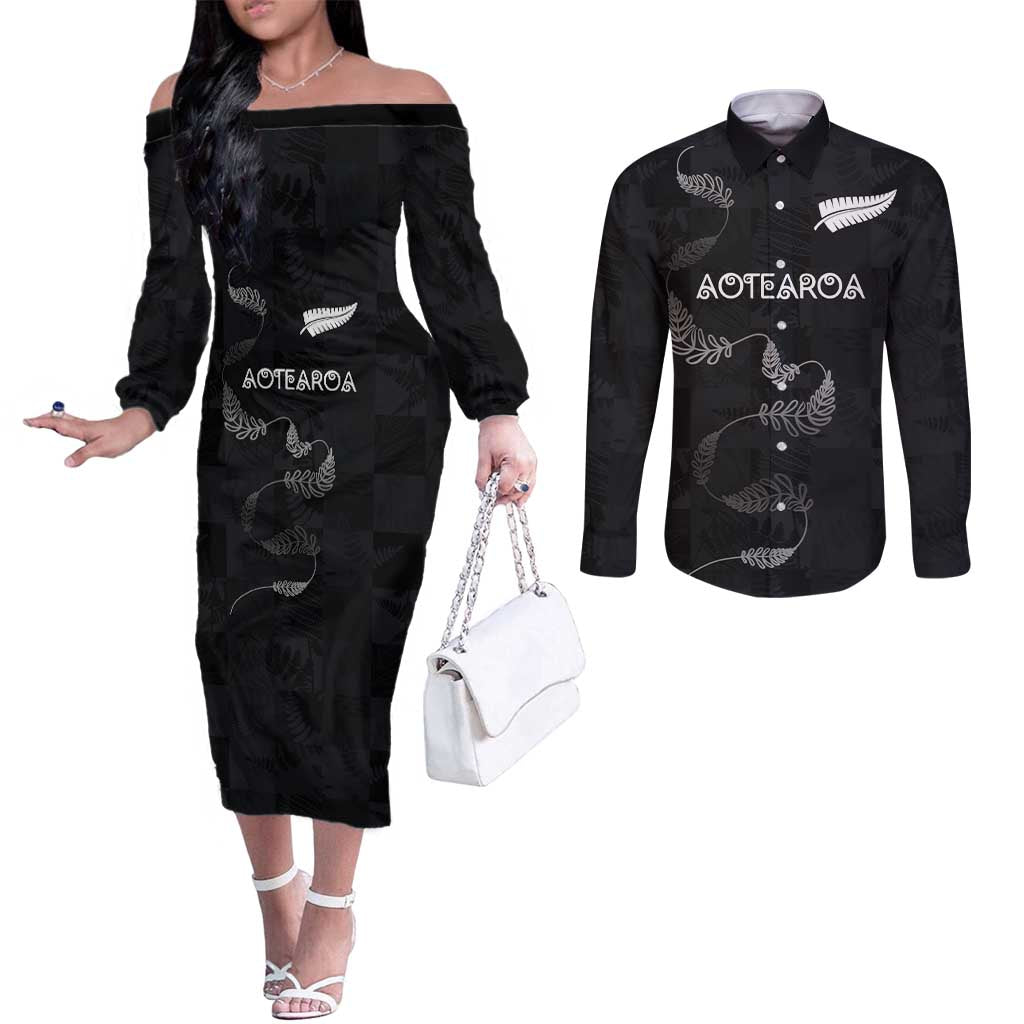 Custom New Zealand Rugby Couples Matching Off The Shoulder Long Sleeve Dress and Long Sleeve Button Shirt All Silver Ferns Blacks