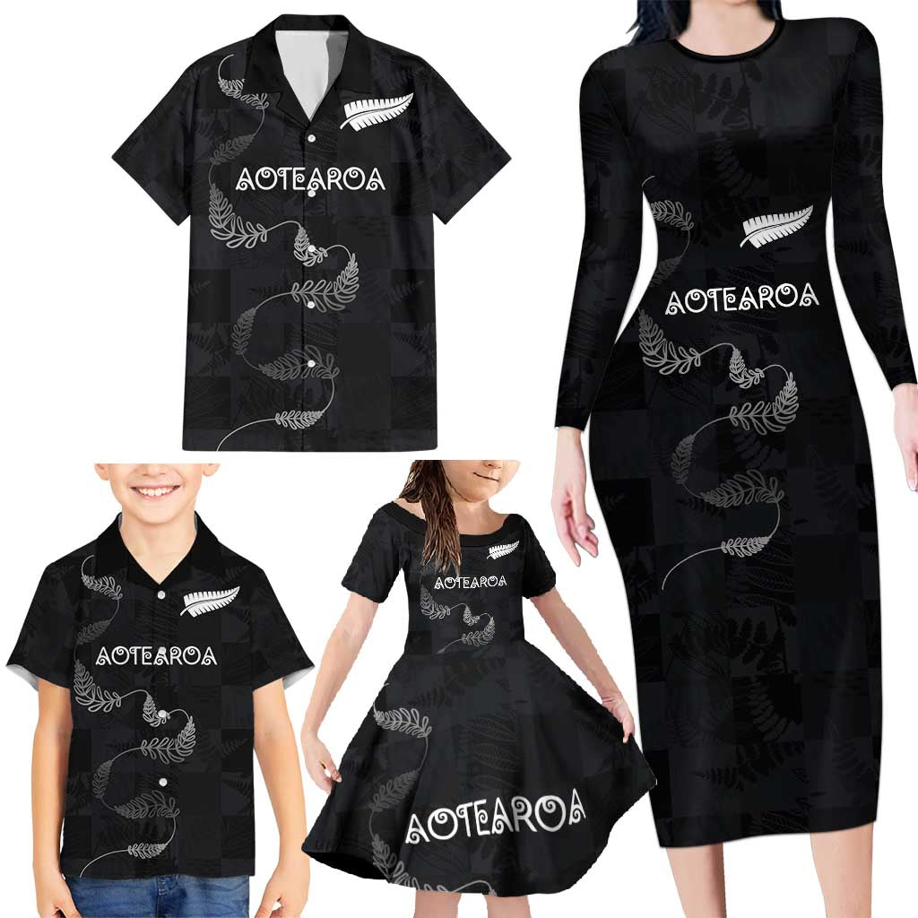 Custom New Zealand Rugby Family Matching Long Sleeve Bodycon Dress and Hawaiian Shirt All Silver Ferns Blacks LT03 - Polynesian Pride