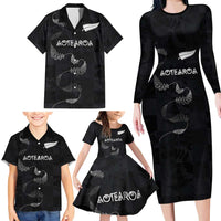 Custom New Zealand Rugby Family Matching Long Sleeve Bodycon Dress and Hawaiian Shirt All Silver Ferns Blacks LT03 - Polynesian Pride