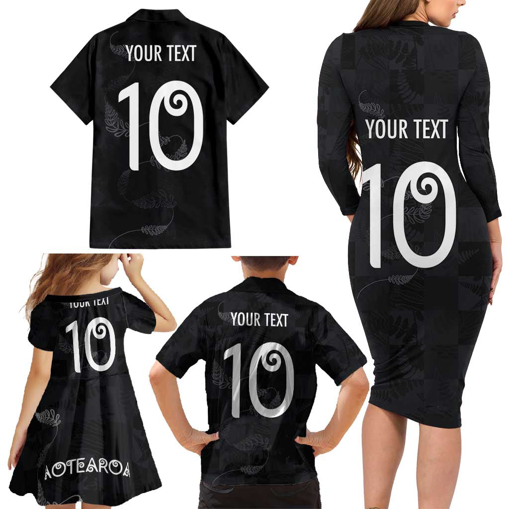 Custom New Zealand Rugby Family Matching Long Sleeve Bodycon Dress and Hawaiian Shirt All Silver Ferns Blacks LT03 - Polynesian Pride