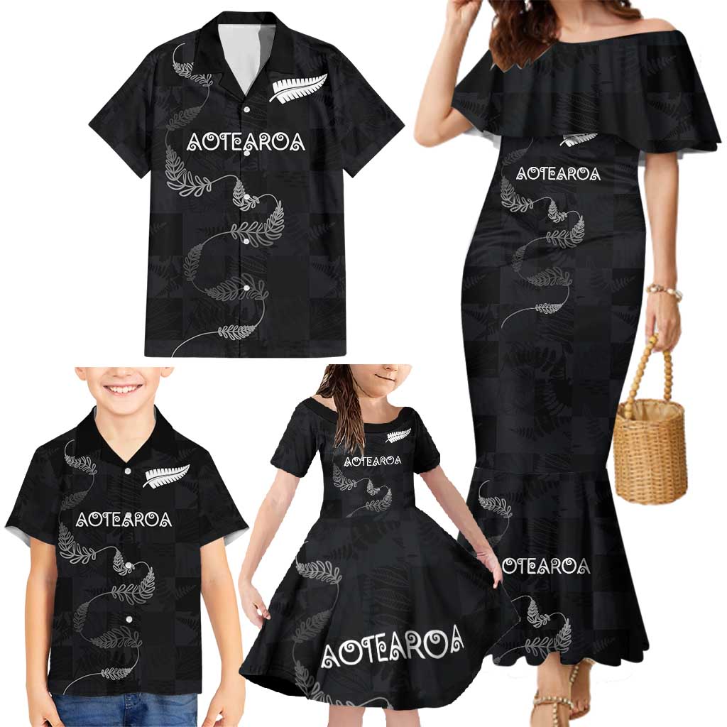 Custom New Zealand Rugby Family Matching Mermaid Dress and Hawaiian Shirt All Silver Ferns Blacks LT03 - Polynesian Pride