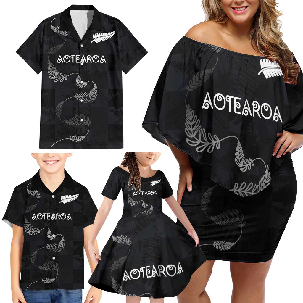 Custom New Zealand Rugby Family Matching Off Shoulder Short Dress and Hawaiian Shirt All Silver Ferns Blacks LT03 - Polynesian Pride