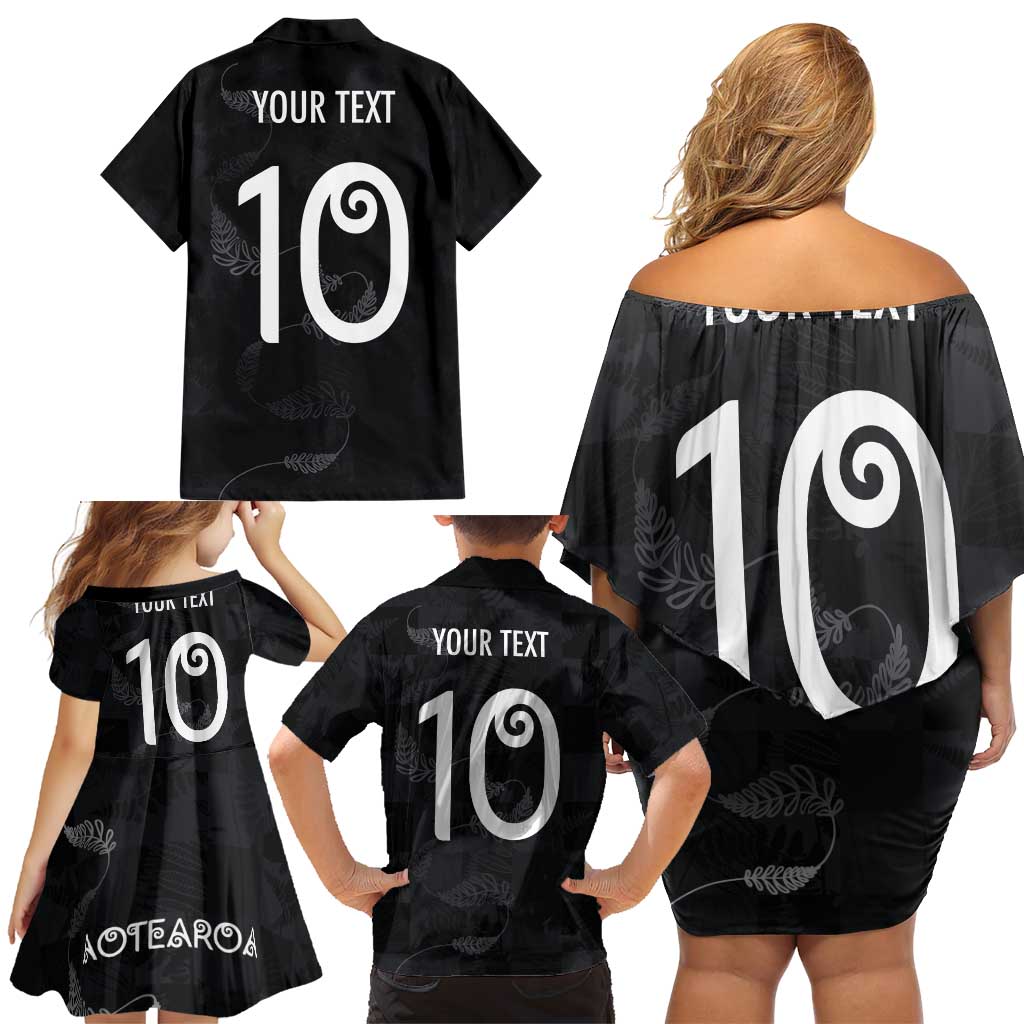 Custom New Zealand Rugby Family Matching Off Shoulder Short Dress and Hawaiian Shirt All Silver Ferns Blacks LT03 - Polynesian Pride