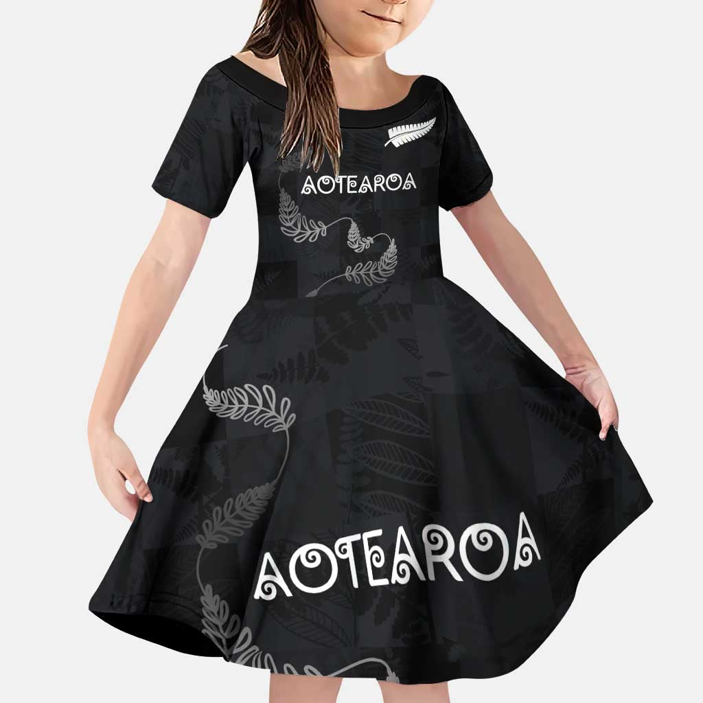 Custom New Zealand Rugby Family Matching Puletasi and Hawaiian Shirt All Silver Ferns Blacks LT03 Daughter's Dress Black - Polynesian Pride