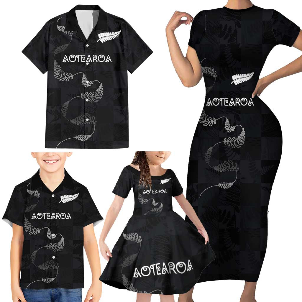 Custom New Zealand Rugby Family Matching Short Sleeve Bodycon Dress and Hawaiian Shirt All Silver Ferns Blacks LT03 - Polynesian Pride
