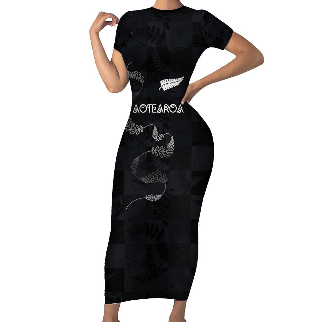 Custom New Zealand Rugby Family Matching Short Sleeve Bodycon Dress and Hawaiian Shirt All Silver Ferns Blacks LT03 Mom's Dress Black - Polynesian Pride