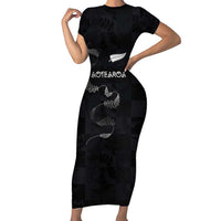 Custom New Zealand Rugby Family Matching Short Sleeve Bodycon Dress and Hawaiian Shirt All Silver Ferns Blacks LT03 Mom's Dress Black - Polynesian Pride