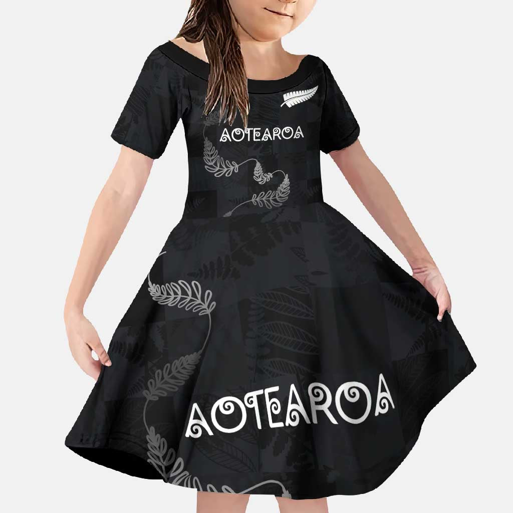 Custom New Zealand Rugby Family Matching Tank Maxi Dress and Hawaiian Shirt All Silver Ferns Blacks LT03 Daughter's Dress Black - Polynesian Pride