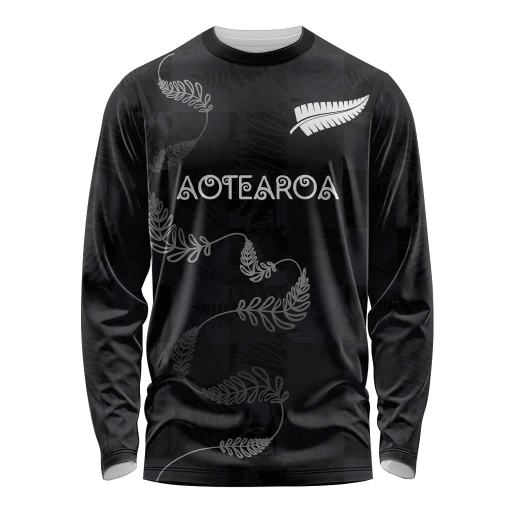 Custom New Zealand Rugby Long Sleeve Shirt All Silver Ferns Blacks LT03 Unisex Black - Polynesian Pride