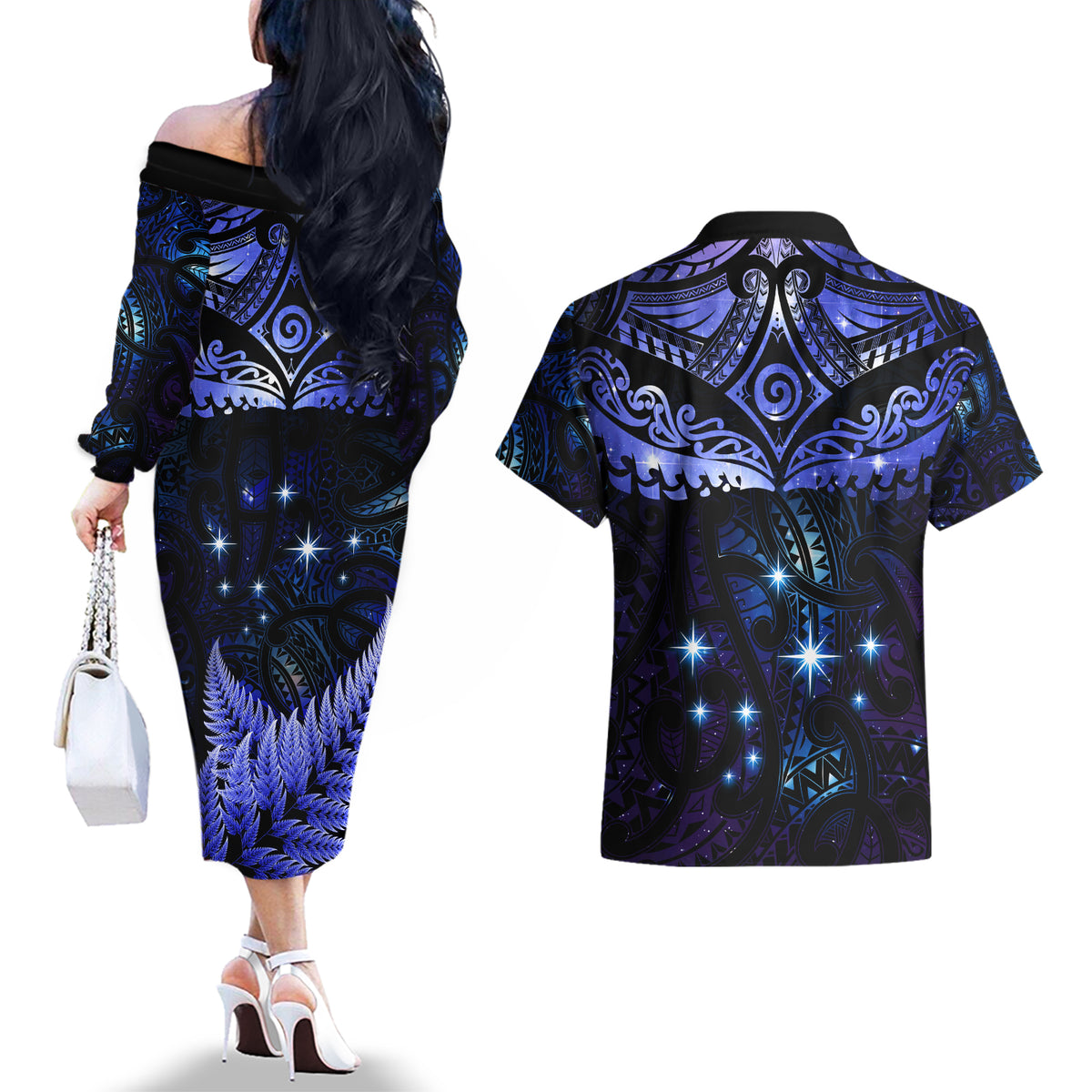 New Zealand Matariki Couples Matching Off The Shoulder Long Sleeve Dress and Hawaiian Shirt Maori Pattern and Matariki Sky Night LT03 - Polynesian Pride