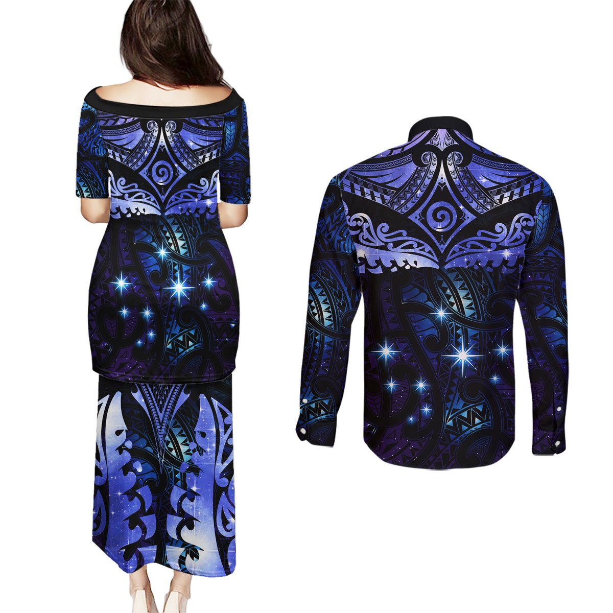 New Zealand Matariki Couples Matching Puletasi and Long Sleeve Button Shirt Maori Pattern and Matariki Sky Night