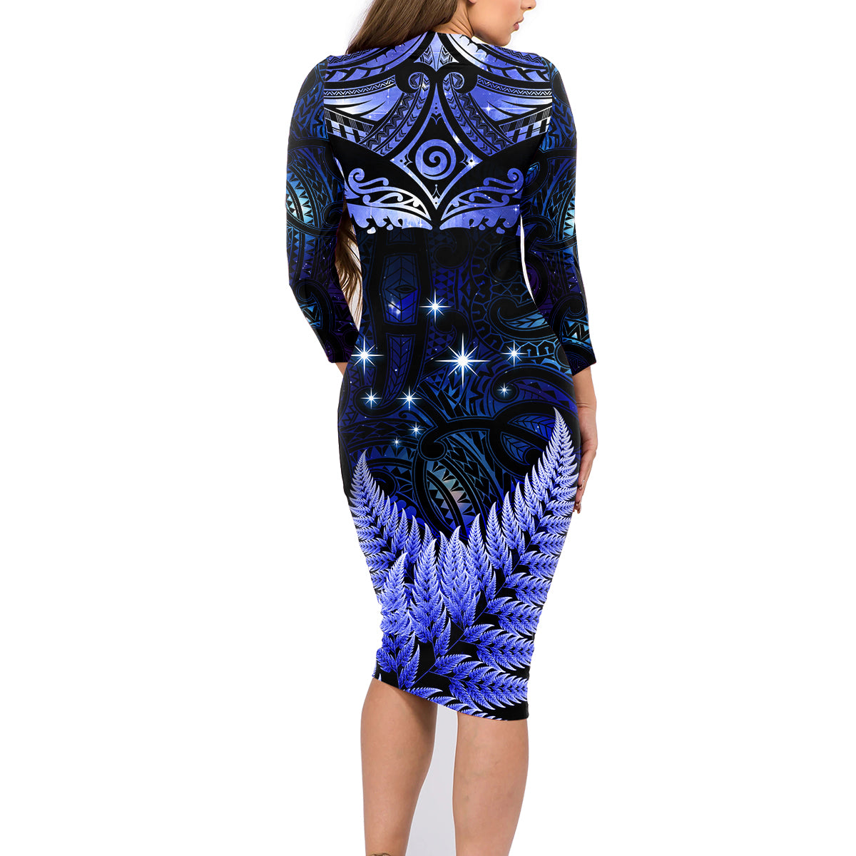 New Zealand Matariki Family Matching Long Sleeve Bodycon Dress and Hawaiian Shirt Maori Pattern and Matariki Sky Night LT03 - Polynesian Pride