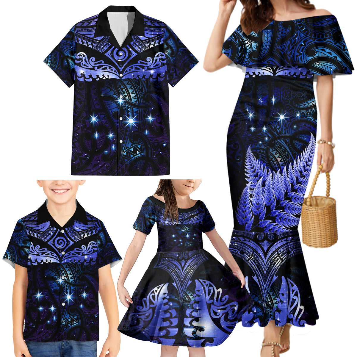 New Zealand Matariki Family Matching Mermaid Dress and Hawaiian Shirt Maori Pattern and Matariki Sky Night LT03 - Polynesian Pride