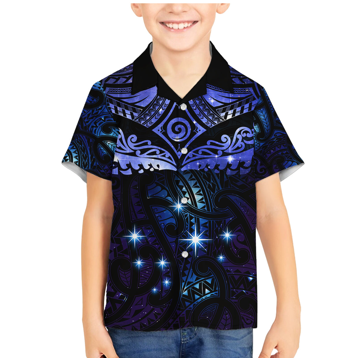 New Zealand Matariki Family Matching Mermaid Dress and Hawaiian Shirt Maori Pattern and Matariki Sky Night LT03 Son's Shirt Blue - Polynesian Pride