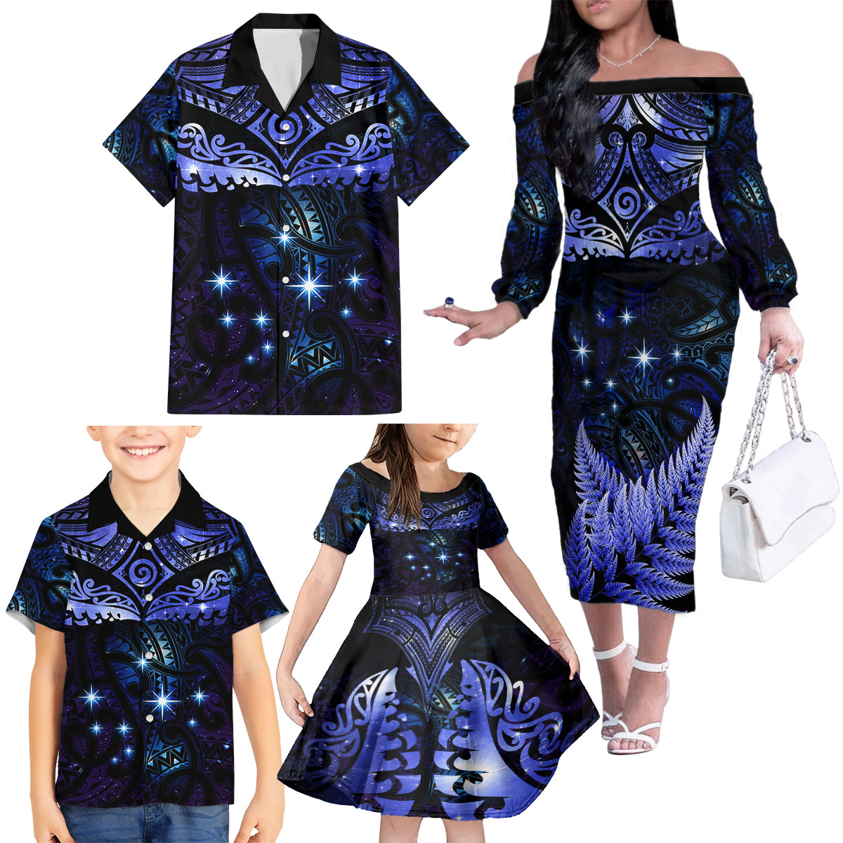 New Zealand Matariki Family Matching Off The Shoulder Long Sleeve Dress and Hawaiian Shirt Maori Pattern and Matariki Sky Night LT03 - Polynesian Pride