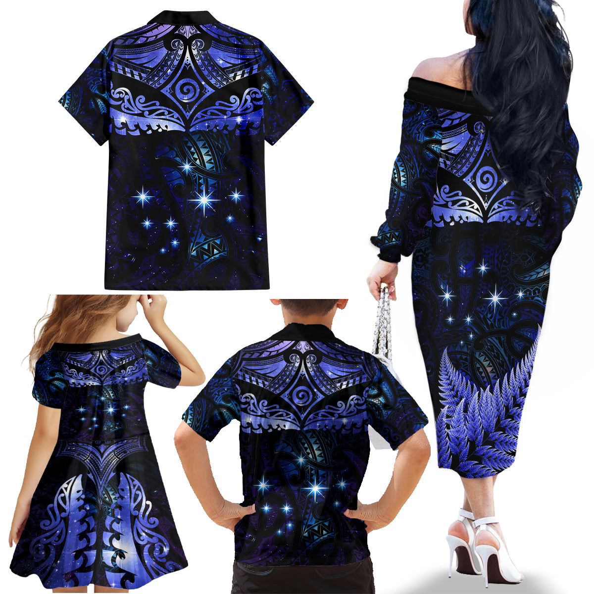 New Zealand Matariki Family Matching Off The Shoulder Long Sleeve Dress and Hawaiian Shirt Maori Pattern and Matariki Sky Night LT03 - Polynesian Pride