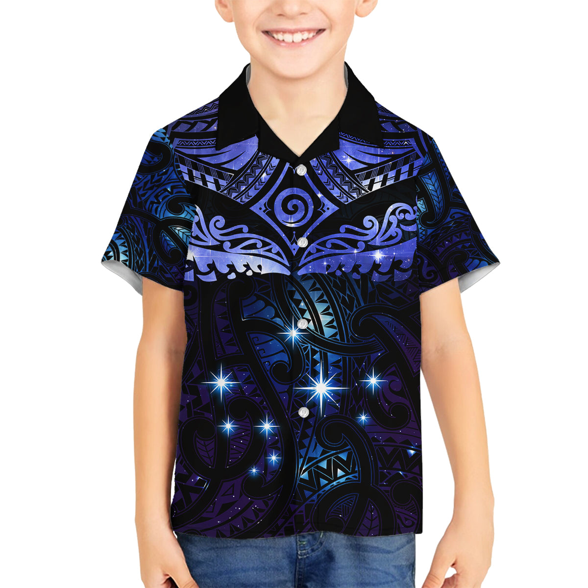 New Zealand Matariki Family Matching Off The Shoulder Long Sleeve Dress and Hawaiian Shirt Maori Pattern and Matariki Sky Night LT03 Son's Shirt Blue - Polynesian Pride