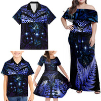 New Zealand Matariki Family Matching Off Shoulder Maxi Dress and Hawaiian Shirt Maori Pattern and Matariki Sky Night LT03 - Polynesian Pride