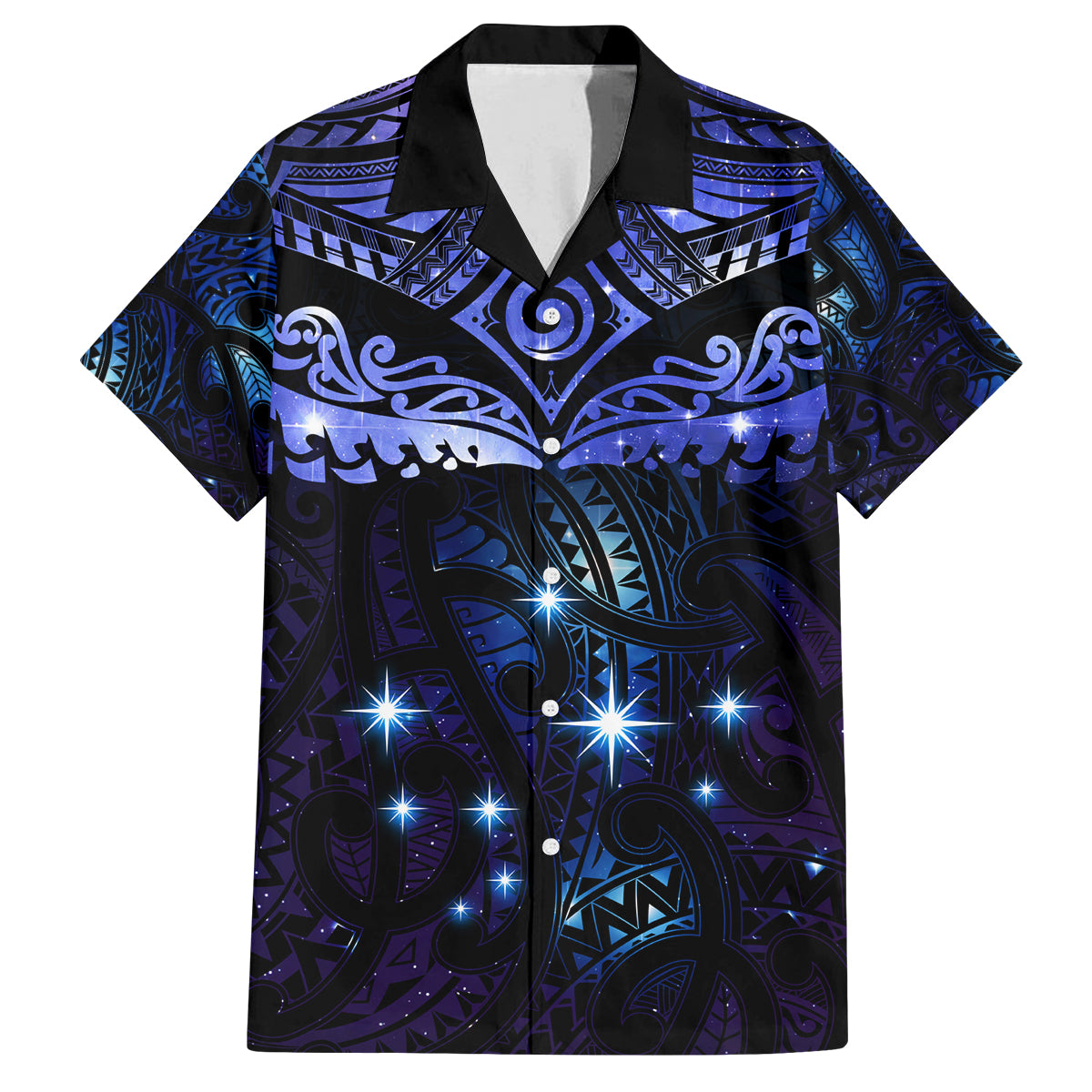 New Zealand Matariki Family Matching Off Shoulder Maxi Dress and Hawaiian Shirt Maori Pattern and Matariki Sky Night LT03 Dad's Shirt - Short Sleeve Blue - Polynesian Pride